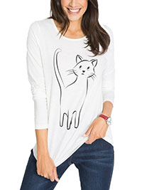 WHITE Pure Cotton Cat Print Long Sleeve Top - Size 10/12 to 26/28 (S to 2XL)