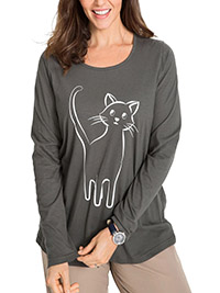 GREY Pure Cotton Cat Print Long Sleeve Top - Size 10/12 to 30/32 (S to 3XL)
