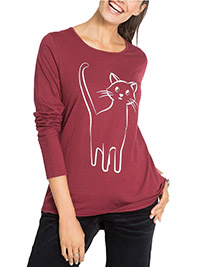 CLARET Pure Cotton Cat Print Long Sleeve Top - Size 10/12 to 34/36 (S to 4XL)