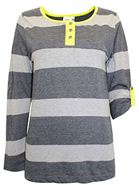 GREY Pure Cotton Color Block Stripe Roll Sleeve Top - Size 10/12 to 22/24 (EU 36/38 to 48/50)