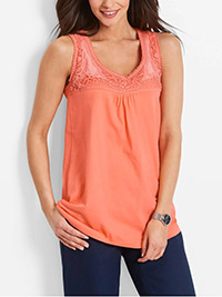CORAL Pure Cotton Sleeveless Crochet Insert Vest Top - Plus Size 22/24 to 26/28 (XL to 2XL)