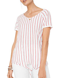 IVORY Pure Cotton Striped Tie Front Button Detail T-Shirt - Plus Size 18/20 to 26/28 (L to 2XL)