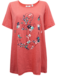 CORAL Pure Cotton Floral Anchor Short Sleeve Top - Plus Size 14/16 to 30/32 (M to 3XL)