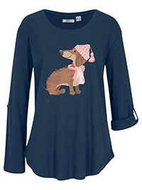 NAVY Pure Cotton Dachshund Print Roll Sleeve Top - Size 10/12 to 26/28 (S to 2XL)