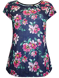 BLUE Floral Print Cap Sleeve Top - Size 10 to 16
