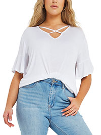 WHITE Criss Cross Flute Sleeve Top - Size 10 to 26