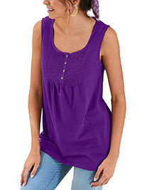PURPLE Pure Cotton Sleeveless Broderie Yoke Button Front Top - Size 6/8 to 26 (EU 34/36 to 54)