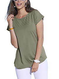 KHAKI Pure Cotton Broderie Panel Short Sleeve T-Shirt - Size 10/12 to 24 (EU 38/40 to 52)