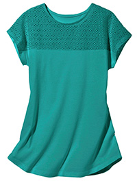 JADE Pure Cotton Broderie Panel Short Sleeve T-Shirt - Size 10/12 to 22 (EU 38/40 to 50)