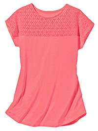 PEACH Pure Cotton Broderie Panel Short Sleeve T-Shirt - Size 10/12 to 26 (EU 38/40 to 54)