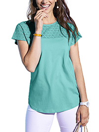 GREEN Pure Cotton Broderie Panel Short Sleeve T-Shirt - Size 6/8 to 26 (EU 34/36 to 54)