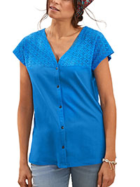 BLUE Pure Cotton Broderie Panel Button Through Top - Size 6/8 to 24 (EU 34/36 to 52)
