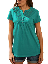 GREEN Pure Cotton Broderie Yoke Button Front Top - Size 10/12 to 22 (EU 38/40 to 50)