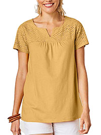 OCHRE Pure Cotton Broderie Insert Short Sleeve Top - Size 6/8 to 26 (EU 34/36 to 54)
