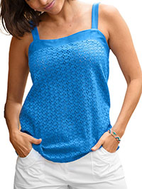BLUE Pure Cotton Broderie Vest Top - Size 6/8 to 26 (EU 34/36 to 54)