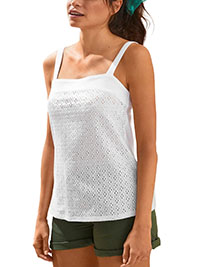 WHITE Pure Cotton Broderie Vest Top - Size 10/12 to 26 (EU 38/40 to 54)