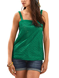 GREEN Pure Cotton Broderie Vest Top - Size 10/12 to 24 (EU 38/40 to 52)