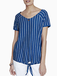 BLUE Pure Cotton Striped Tie Front Button Detail T-Shirt - Plus Size 14/16 to 26/28 (M to 2XL)