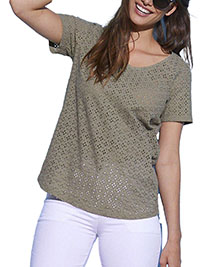 KHAKI Pure Cotton Broderie Front Top - Size 10/12 to 22 (EU 38/40 to 50)