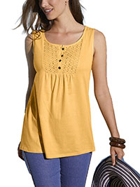 OCHRE Pure Cotton Sleeveless Broderie Yoke Button Front Top - Size 6/8 to 26 (EU 34/36 to 54)