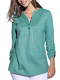 TURQUOISE Pure Cotton Broderie Yoke Button Front Roll Sleeve Top - Size 10/12 to 24 (EU 38/40 to 52)