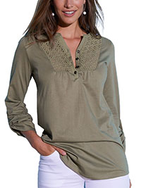 KHAKI Pure Cotton Broderie Yoke Button Front Roll Sleeve Top - Size 6/8 to 26 (EU 34/36 to 54)