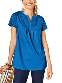BLUE Pure Cotton Broderie Yoke Button Front Top - Plus Size 14/16 to 26 (EU 42/44 to 54)