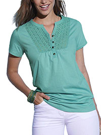 TURQUOISE Pure Cotton Broderie Yoke Button Front Top - Plus Size 22 to 26 (EU 50 to 54)