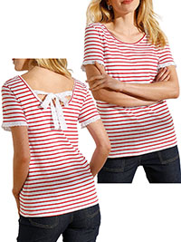 RED Cotton Blend Striped Broderie Trim Tie Back T-Shirt- Size 6/8 to 18/20 (EU 34/36 to 46/48)