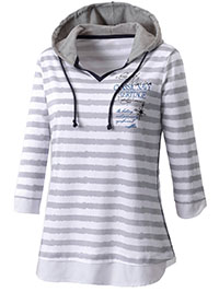 GREY Pure Cotton 3/4 Sleeve Stripe Hooded Top - Size 10 to 26