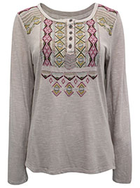 Pure Cotton Embroidered Henley Top - Size 8 to 18 (S to XL)