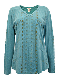 TURQUOISE Pure Cotton Embroidered Front Notch Neck Top - Size 6 to 18 (XS to XL)
