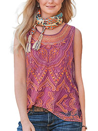 PURPLE Sleeveless Mesh Embroidered Top - Size 10/12 to 18 (M to XL)