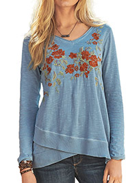 BLUE Pure Cotton Floral Embroidered Crossover Hem Top - Size 6 to 20 (XS to XXL)