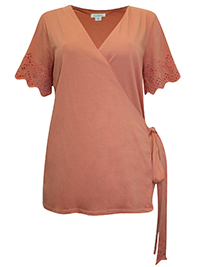 PEACH Pure Cotton Broderie Sleeve Wrap Top - Size 8 to 18 (S to XL)