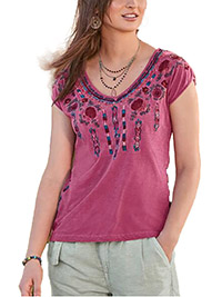 WINE Pure Cotton Short Sleeve Embroidered Top - Size 6 to 18 (XS to XL)