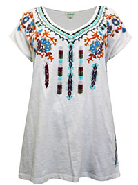 WHITE Pure Cotton Short Sleeve Embroidered Top - Size 6 to 14/16 (XS to L)