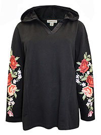 BLACK Pure Cotton Floral Embroidered Sleeve Hoodie - 8 to 24 (XS to 3X)
