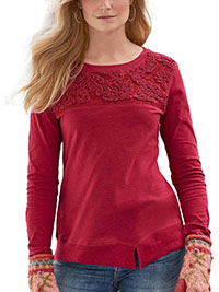 RED Pure Cotton Long Sleeve Embroidered Cornelli Top - Size 4 to 18 (XXS to XL)