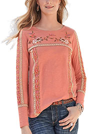 ANTIQUE-ROSE Pure Cotton Folk Embroidered Long Sleeve Top - Size 6 to 18 (XS to XL)