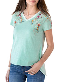 AQUA Pure Cotton Embroidered Cascading Florals Split Back Top - Size 6 to 20 (XS to XXL)