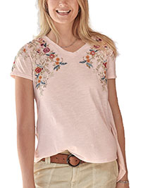 BLUSH Pure Cotton Floral Embroidered Split Back Top - Size 6 to 18 (XS to XL)