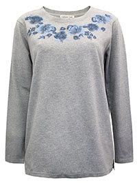 GREY Pure Cotton Embroidered Yoke Long Sleeve Top - Size 10 to 24 (S to 3X)
