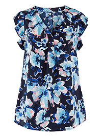 BLUE Floral Print V-Neck Blouse - Plus Size 16 to 20