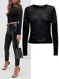 BLACK Crystal Studed Long Sleeve Mesh Top - Size 10 to 18