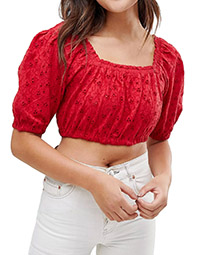 RED Pure Cotton Square Neck Broderie Crop Top - Size 4 to 18