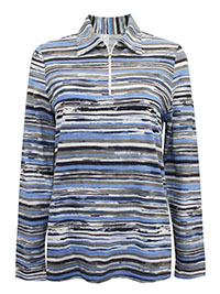 BLUE Pure Cotton Half Zip Striped Sweatshirt - Plus Size 12 to 30