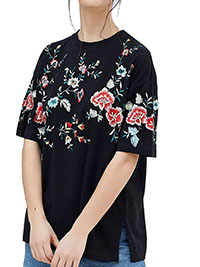WASHED BLACK Pure Cotton Floral Embroidered T-Shirt - Size 6 to 30