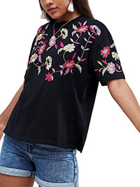 BLACK Pure Cotton Floral Embroidered T-Shirt - Size 4 to 26