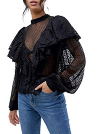 BLACK Dobby Mesh Frilled Blouson Sleeve Top - Size 4 to 18